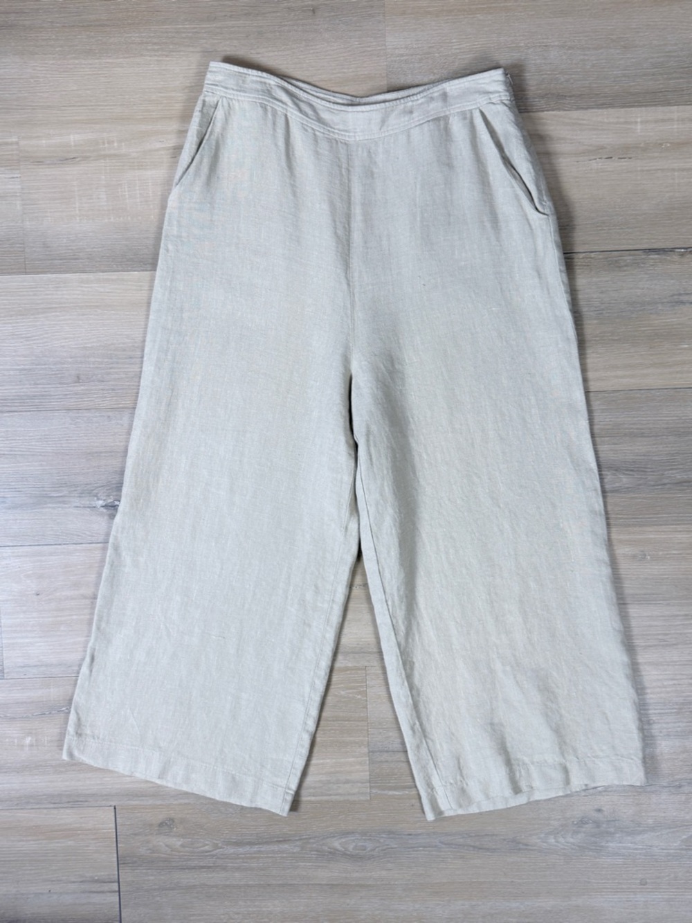 VETTA Natural Beige Wide-Leg Linen Cropped Pants | Size 12